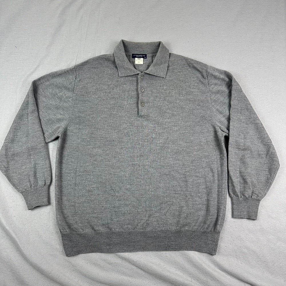Morgano Italy Wool Polo Sweater XL Gray 100% Woolmark Knit Long Sleeve Luxury